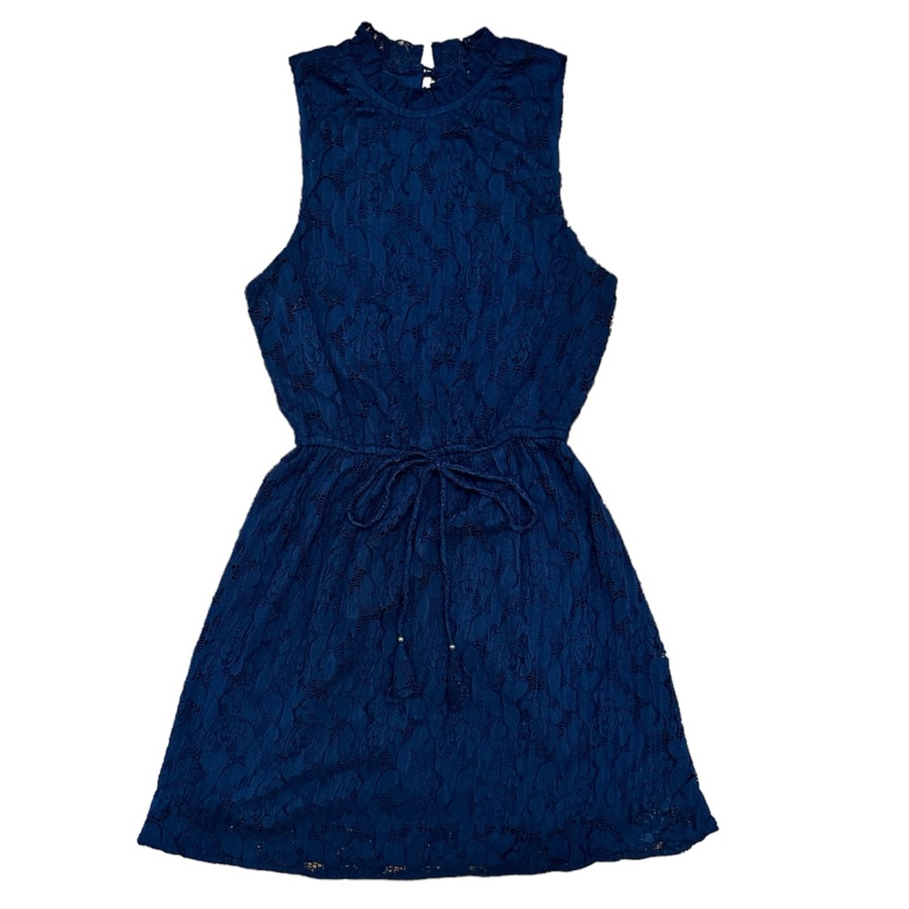 Signature Studio Mini-Length Sleeveless Navy Blue Frilly Dress w/Tie Up String